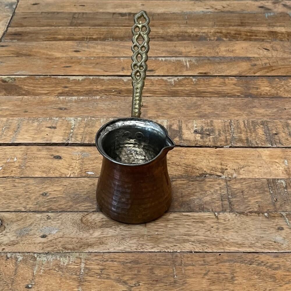 Vintage Hammered Copper Turkish Coffee Pot With Intricate Brass Handle - Picture 3 of 9